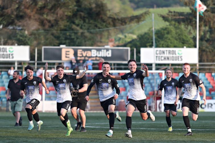 Haverfordwest County players run for joy after qualifying for Europe